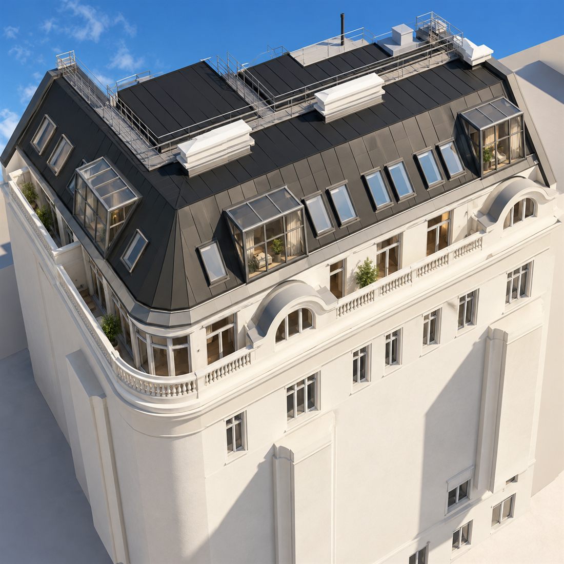 Altbau mit neuem Dachgeschoßausbau aus der Vogelperspektive